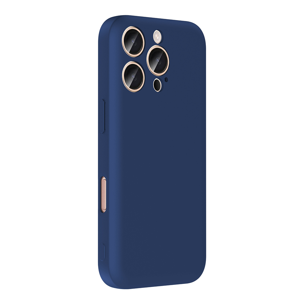 Üç kamera lensi ve altın halkalı lacivert telefon kılıfı.