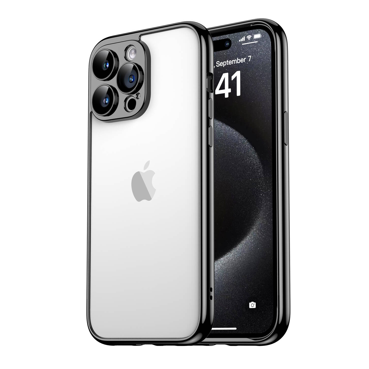 Siyah çerçeveli ve üçlü kamera sistemli şeffaf iPhone.