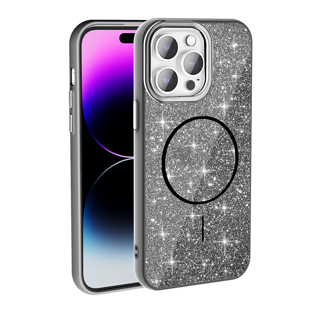 Gümüş renkli, simli ve kamera kesimli iPhone kılıfı.