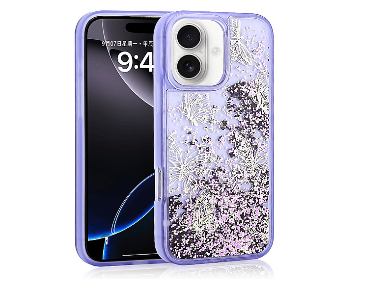 LOPARD iPhone 16 Uyumlu Sıvılı Simli Kelebek Baskılı Şeffaf Arka Yüzey Glis Silikon Kapak Telefon Kılıfı Çok Renkli