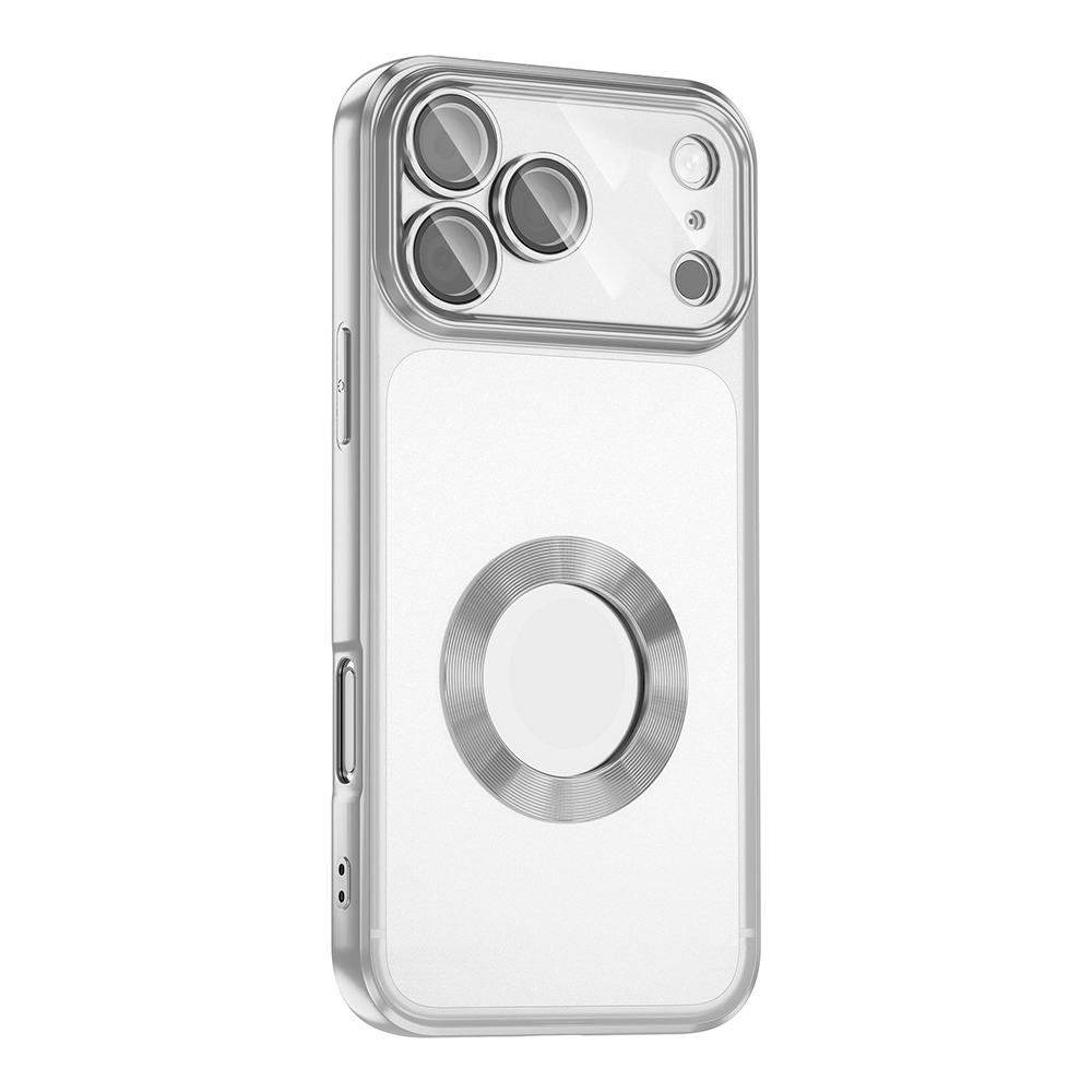 Kamera çıkıntıları ve manyetik halkalı şeffaf telefon kılıfı.