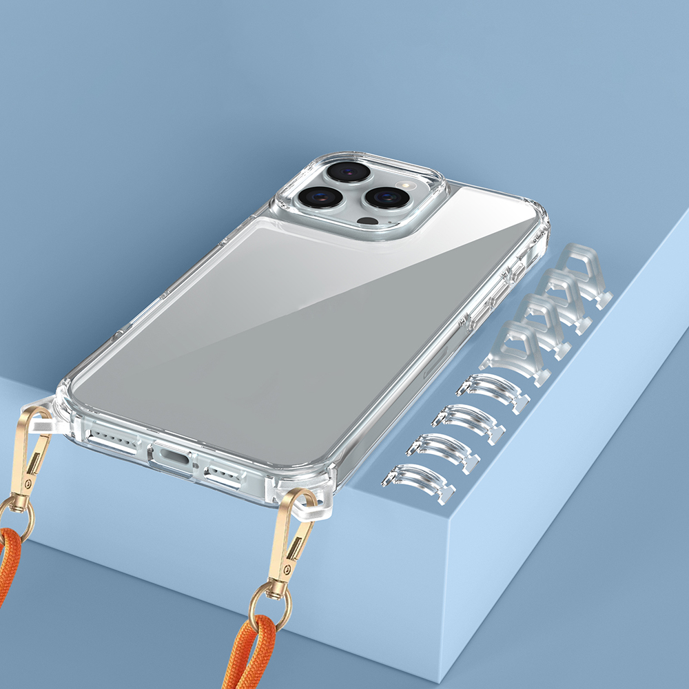 Turuncu kordonlu şeffaf telefon kılıfı ve yanında gümüş klipsler.