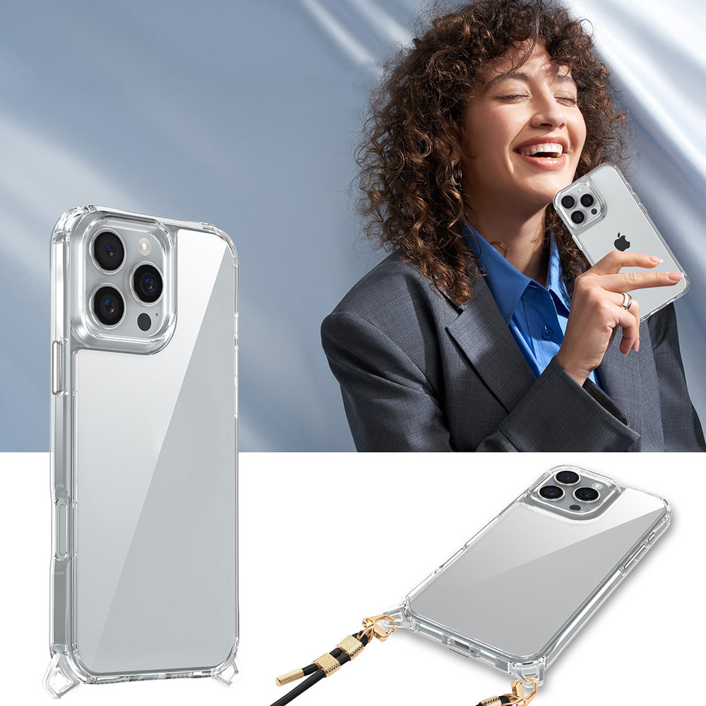 Üç kameralı şeffaf iPhone kılıfı, takım elbiseli bir kadın tutuyor.