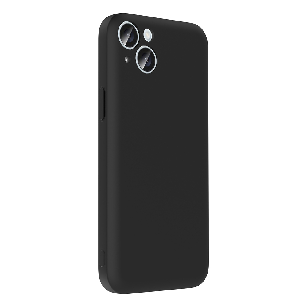 Gümüş halkalı iki kamera lensli siyah telefon kılıfı.