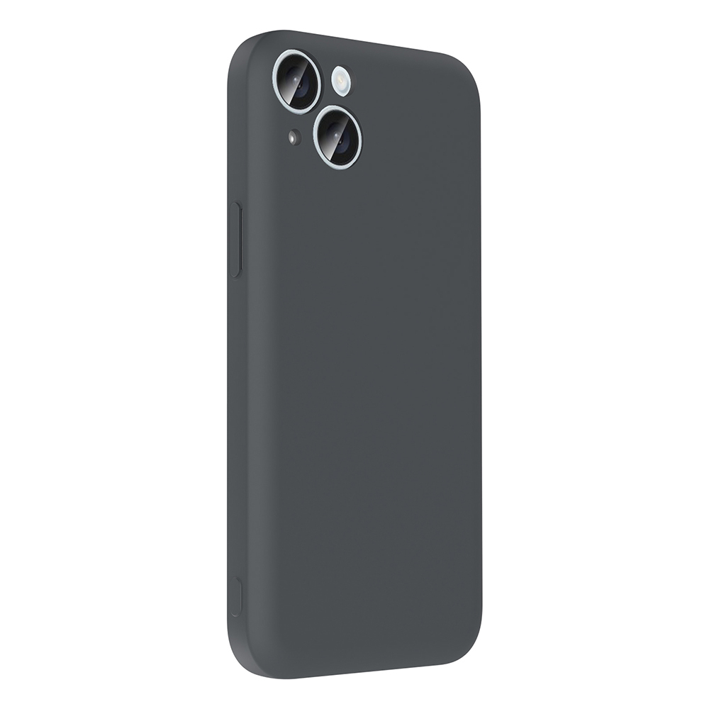 İki kamera lensli ve flaşlı koyu gri telefon kılıfı.