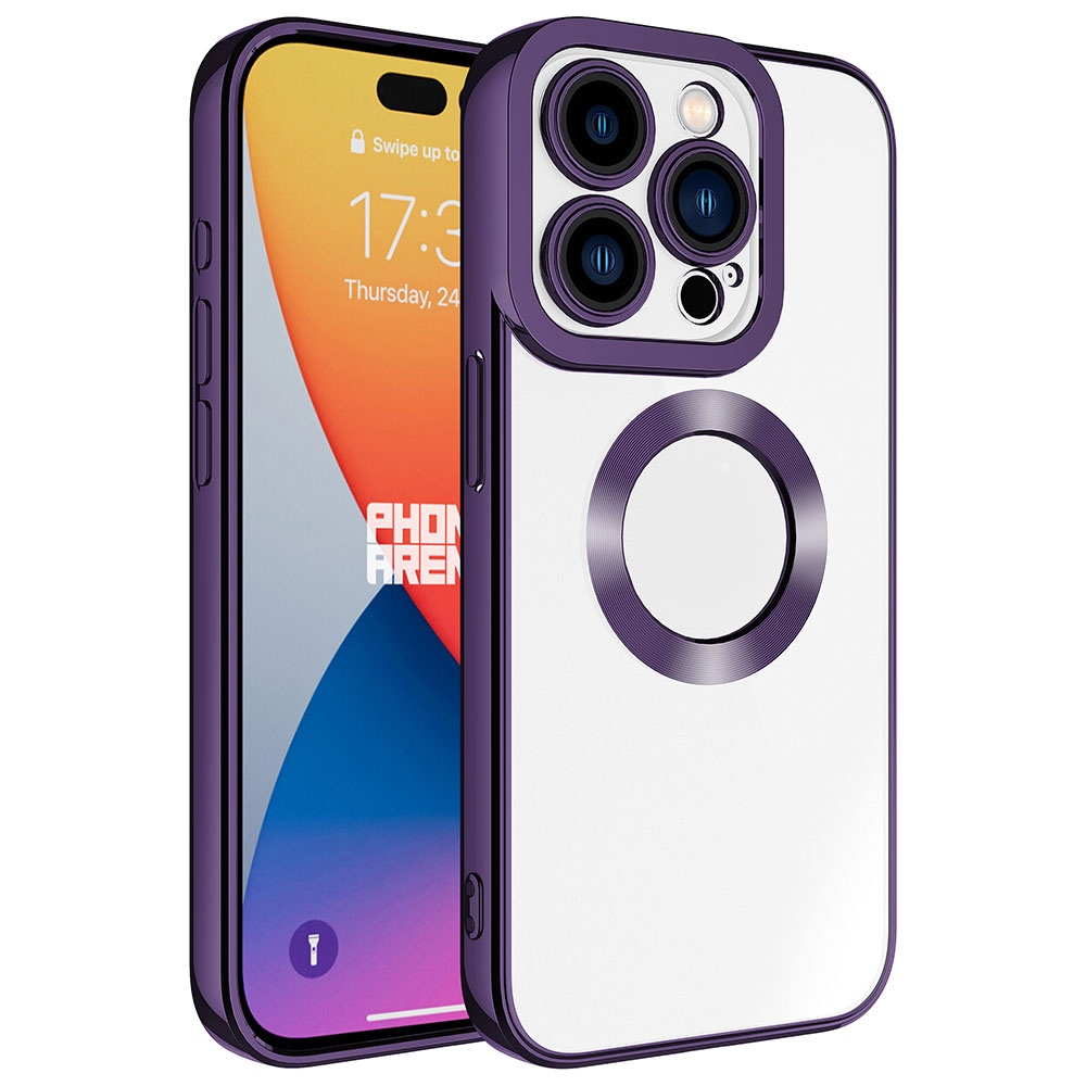 Şeffaf arka ve kamera yuvasına sahip mor iPhone kılıfı.