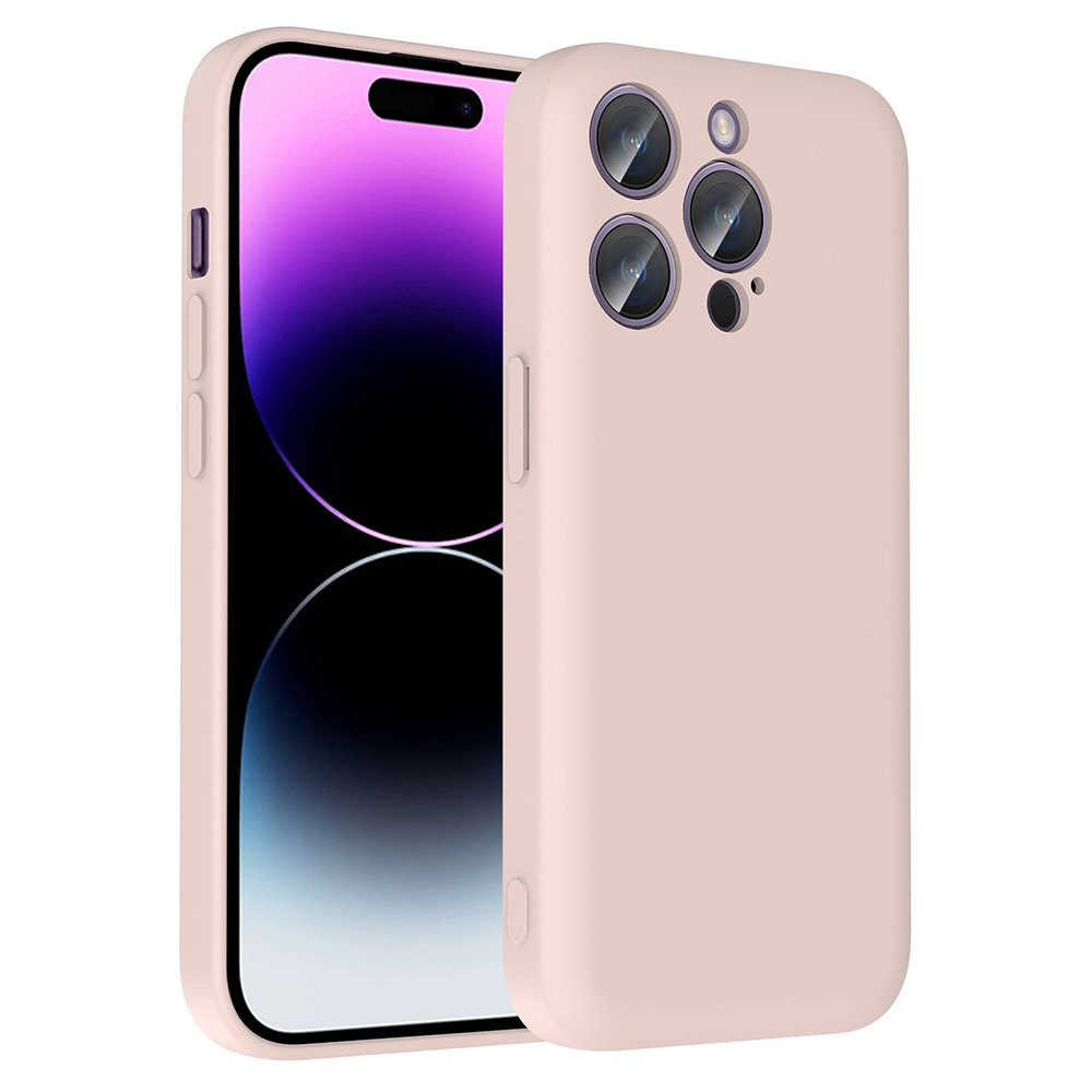 Üç kamera lensi ve flaşı olan pembe iPhone kılıfı.