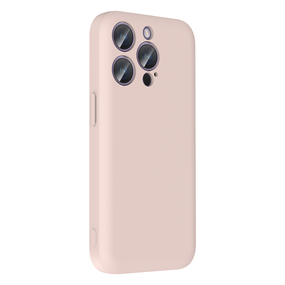 Üç kamera lensi ve flaşa sahip tozlu pembe telefon kılıfı.