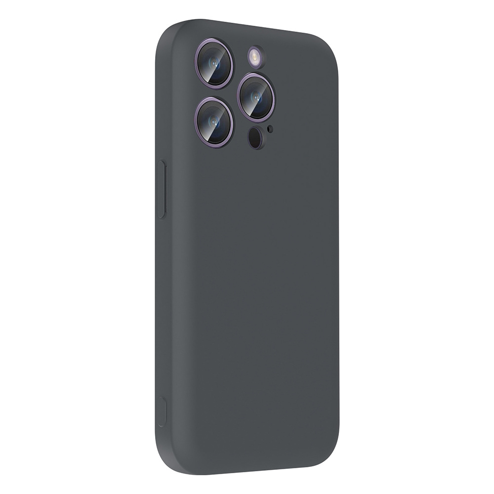 Üç kamera lensli ve flaşlı koyu gri telefon kılıfı.