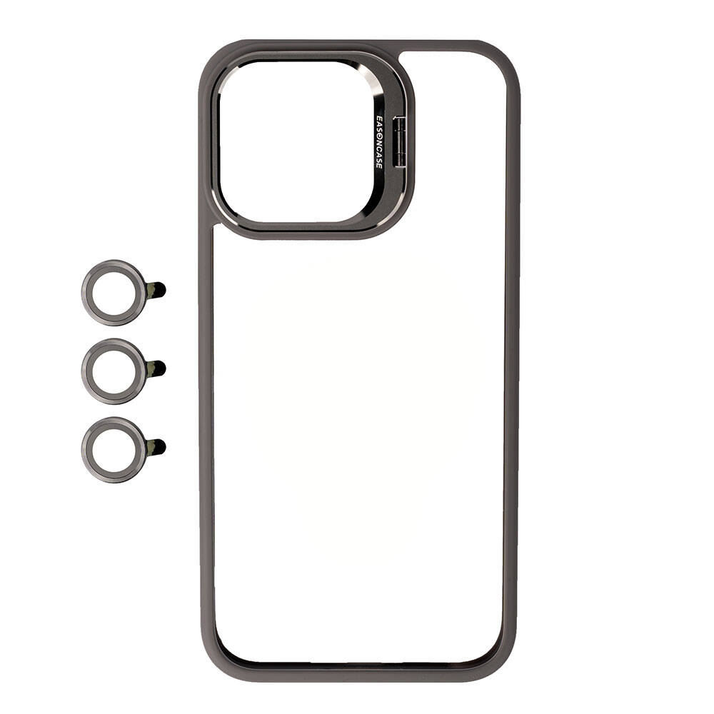 Yanında üç küçük dairesel lens bulunan gri telefon kılıfı çerçevesi.