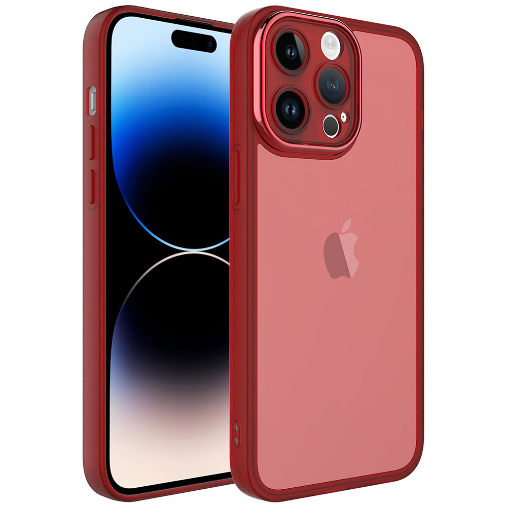 Şeffaf arka ve kamera modülüne sahip kırmızı iPhone kılıfı.