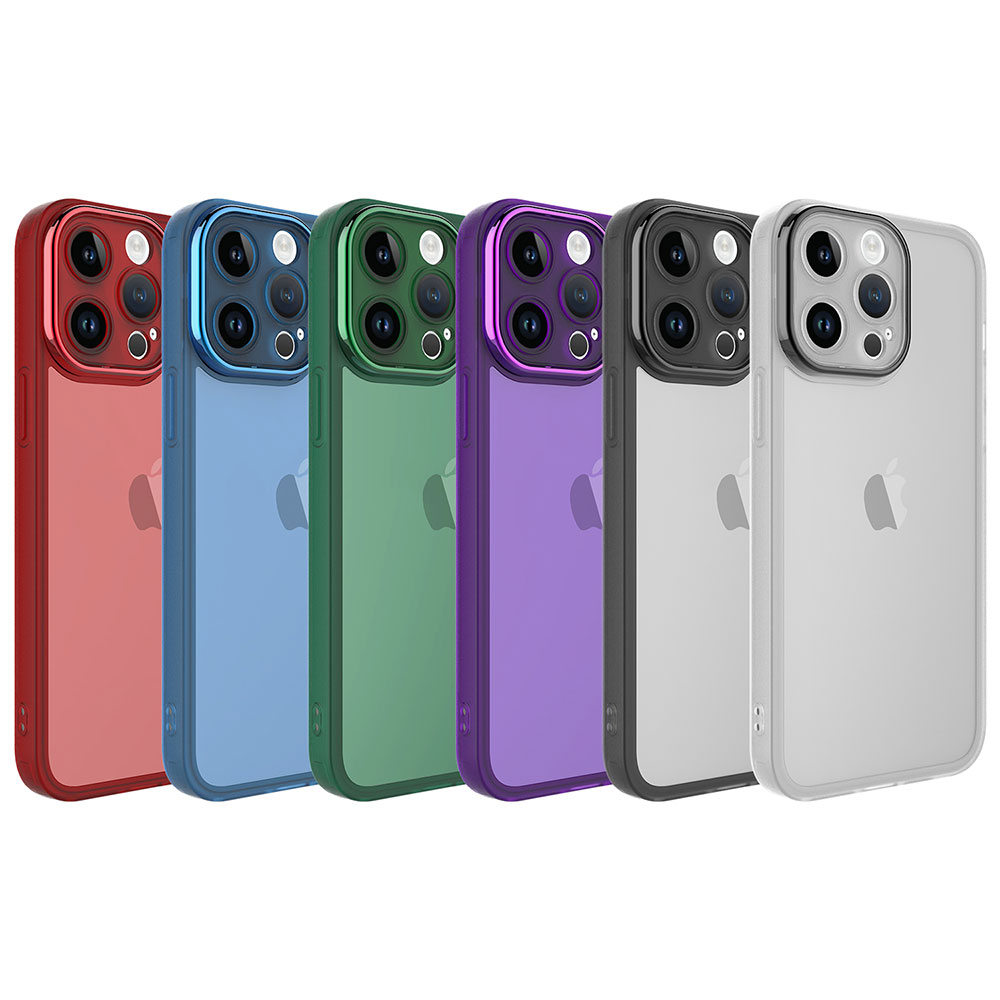 Kırmızı, mavi, yeşil, mor, siyah ve şeffaf renklerde altı iPhone kılıfı.