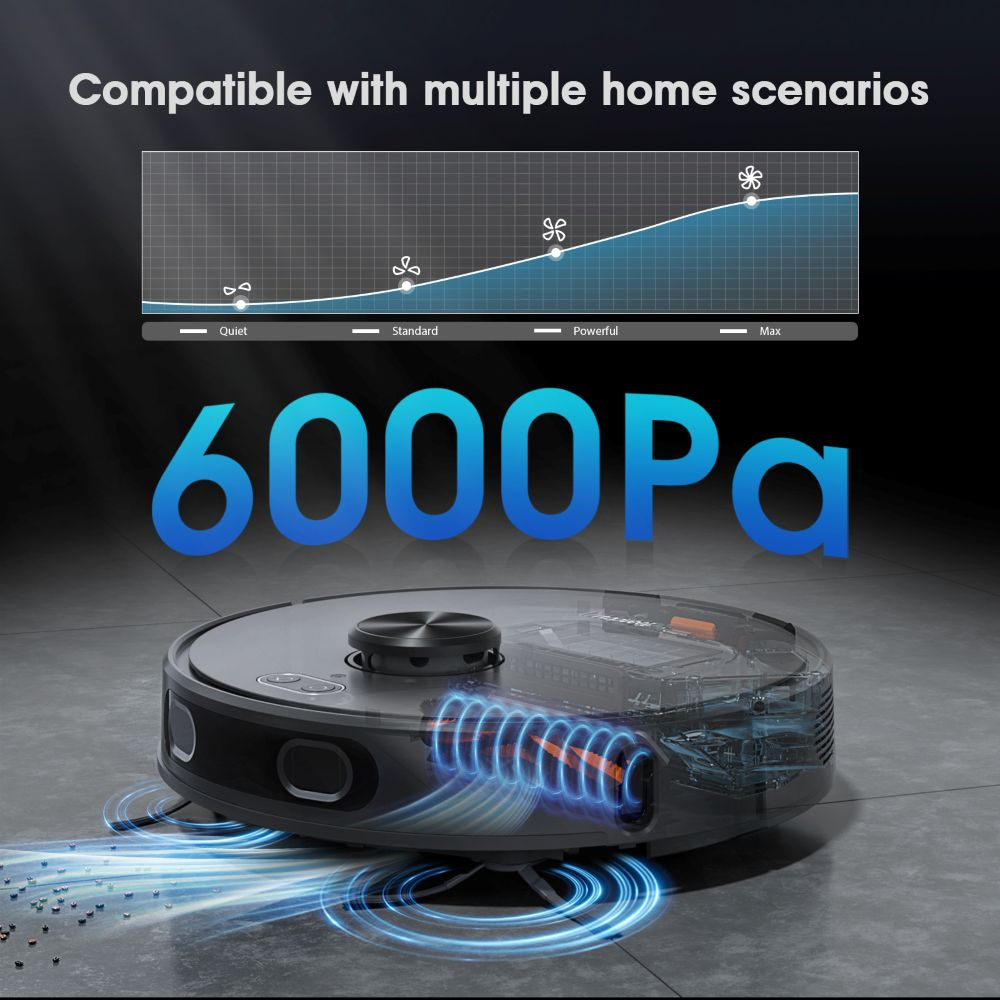 Un robot aspirador con 6000Pa de potencia de succión. Un gráfico muestra niveles de succión.