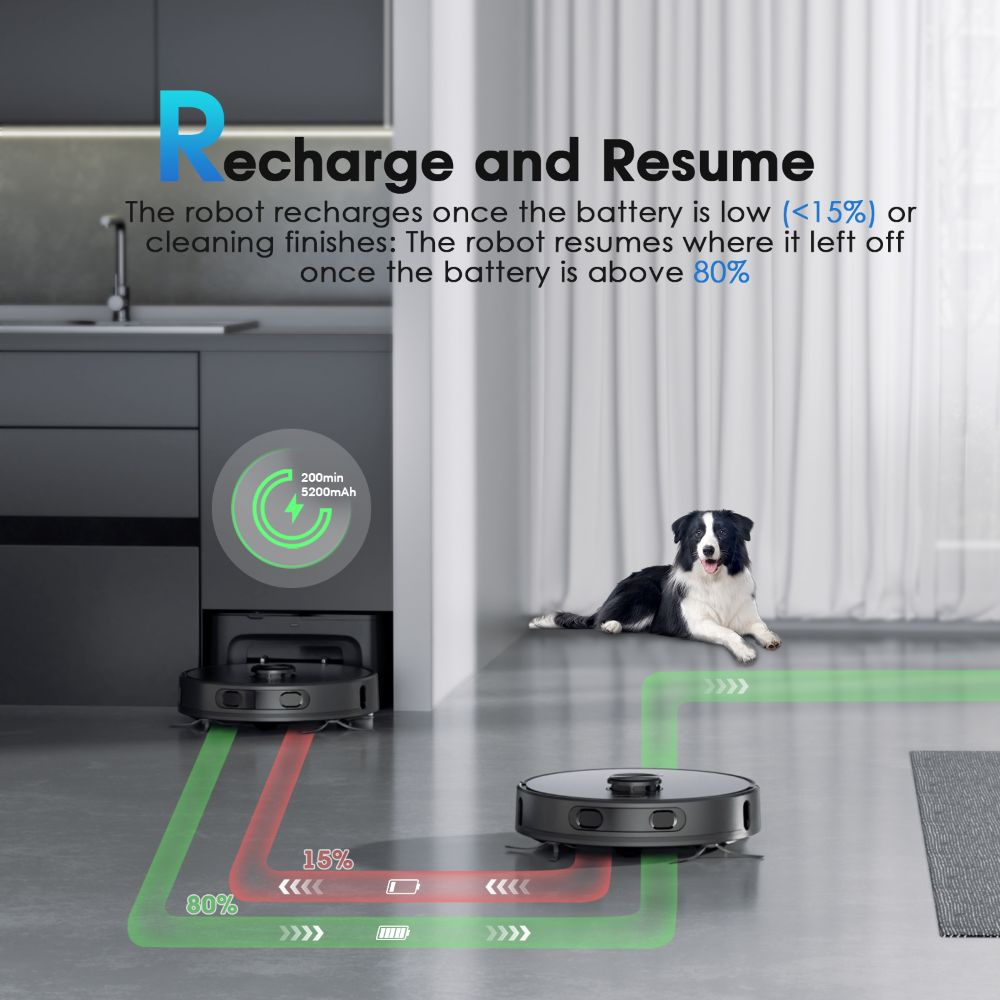 Un robot aspirador se carga en su base. Un perro yace cerca.