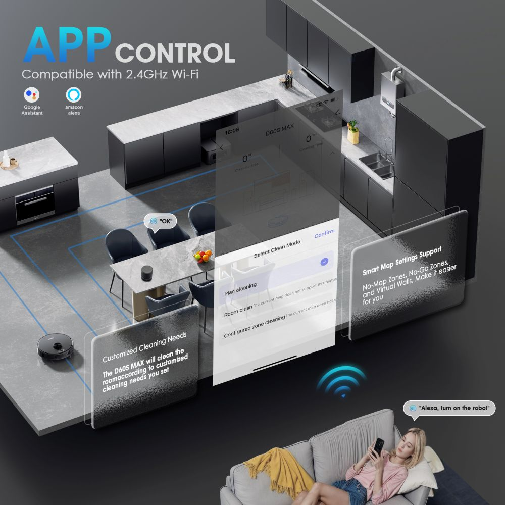 Control de app de un robot aspirador con asistente de voz y funciones de mapeo.