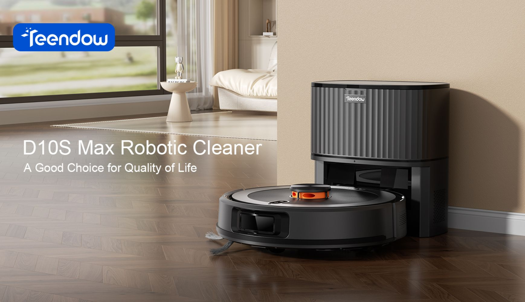 Un robot aspirador negro con detalles naranjas junto a su base de carga.