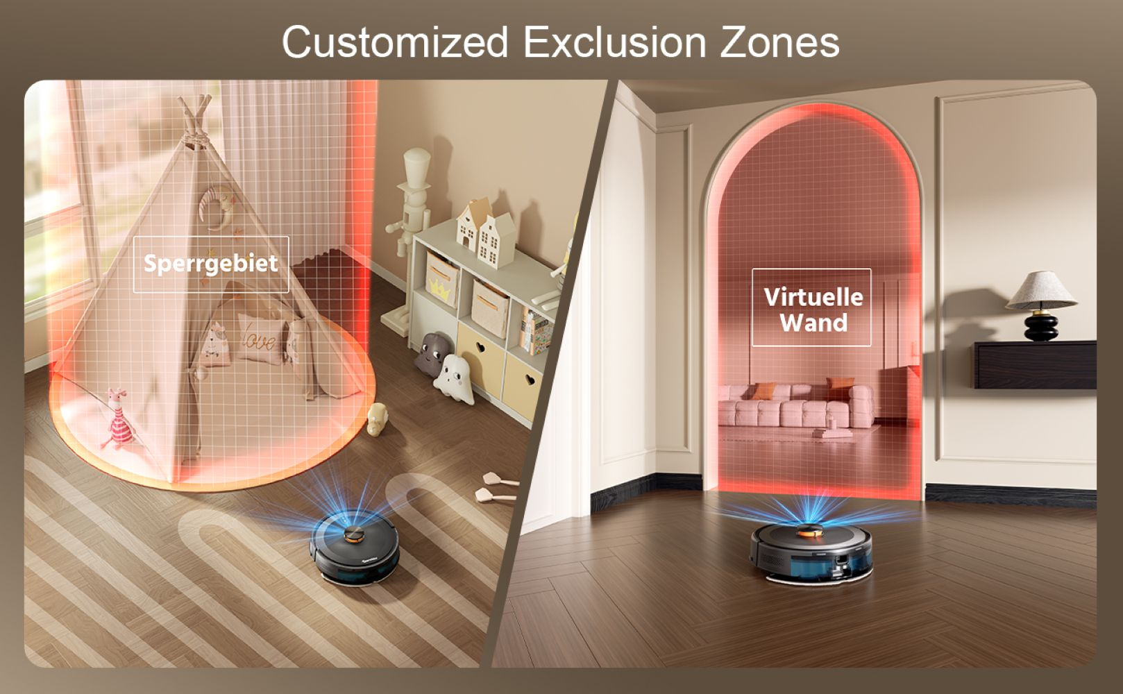 Aspiradora robot con paredes virtuales en cuarto infantil y pasillo.