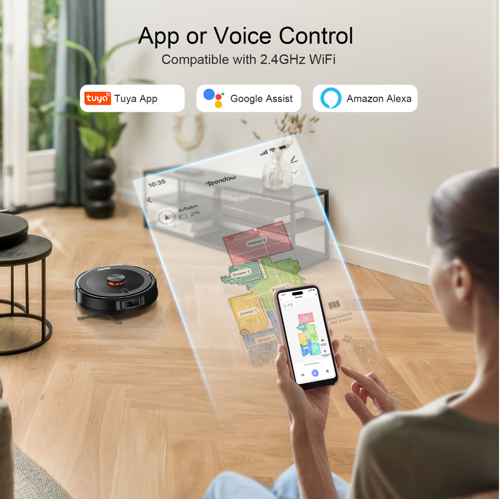 Un robot aspirador es controlado por una app de teléfono que muestra un mapa de habitaciones.