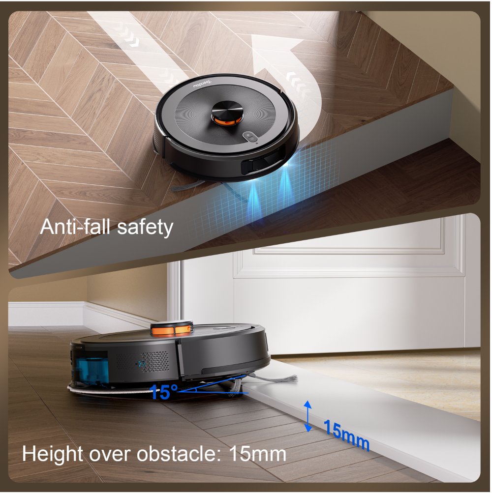 Un robot aspirador con seguridad anticaída y altura de obstáculo de 15 mm.