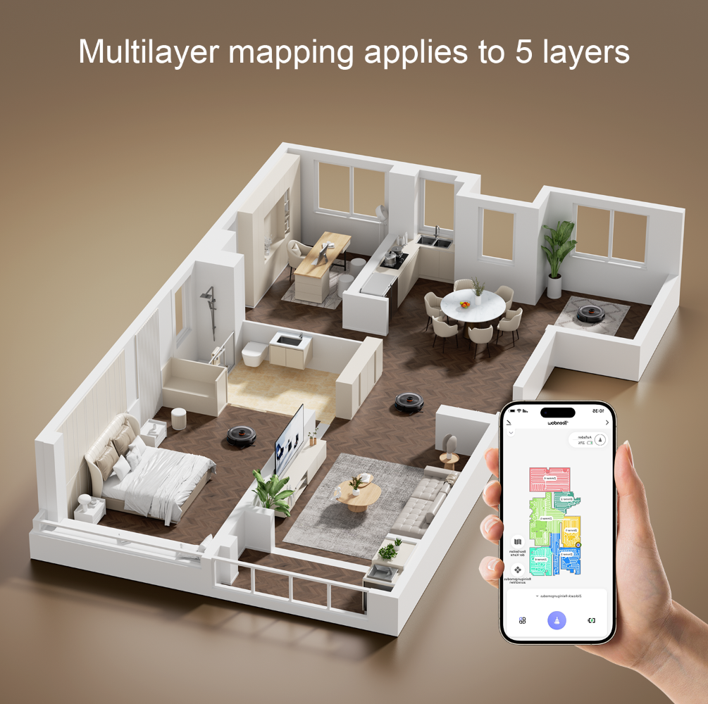 Plano 3D de un apartamento con robots aspiradores y una aplicación de smartphone.