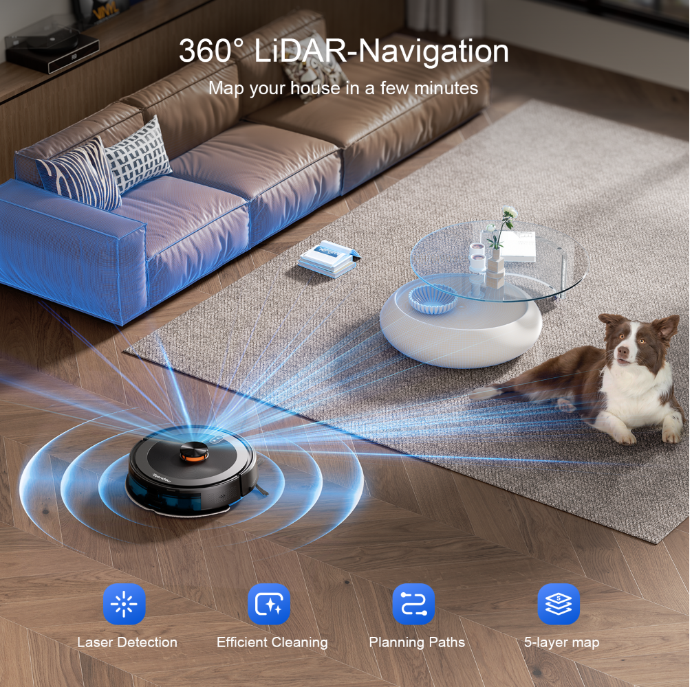 Aspiradora robot con navegación LiDAR limpia cerca de sofá y perro. Incluye detección láser.