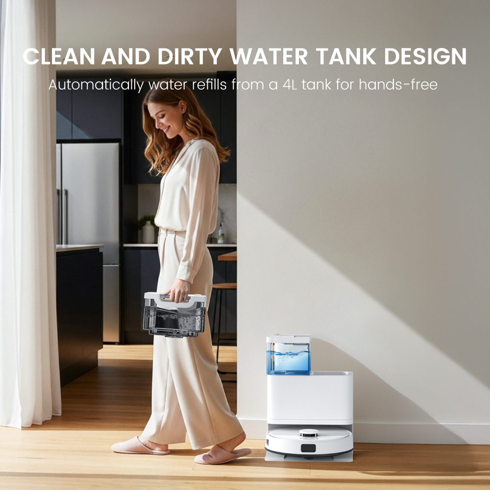 Mujer con depósito de agua sucia junto a robot aspirador.