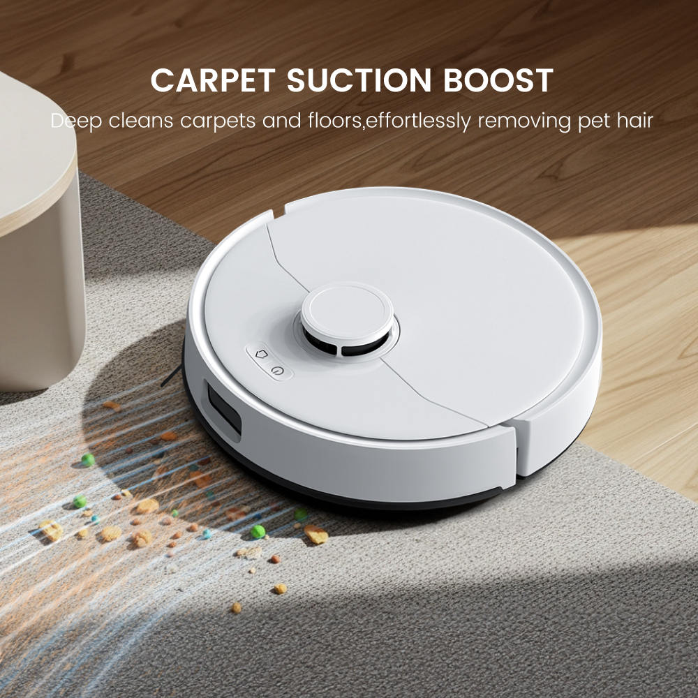 Un robot aspirador blanco limpia una alfombra recogiendo migas.