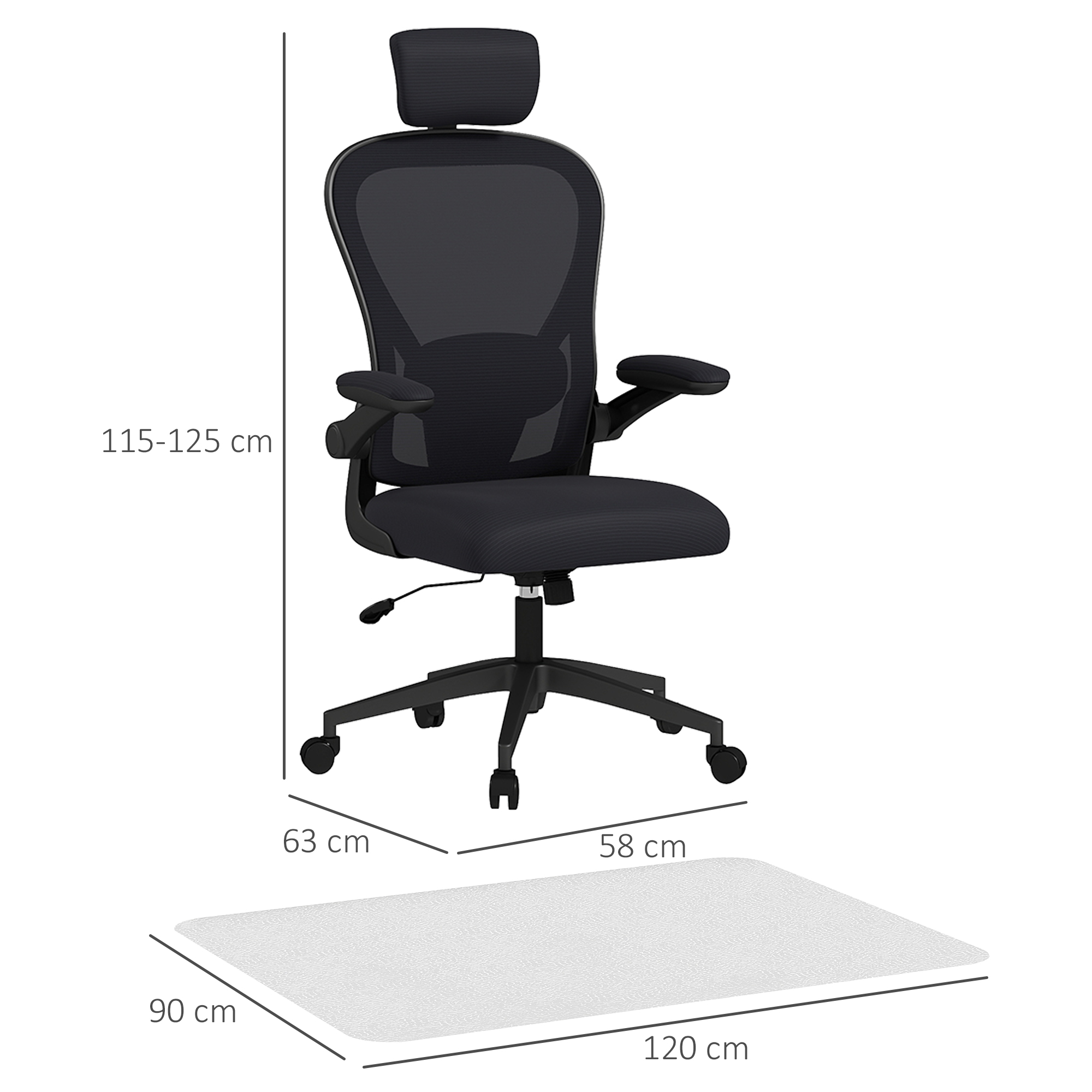 Silla de oficina negra con reposacabezas sobre alfombra transparente con dimensiones.