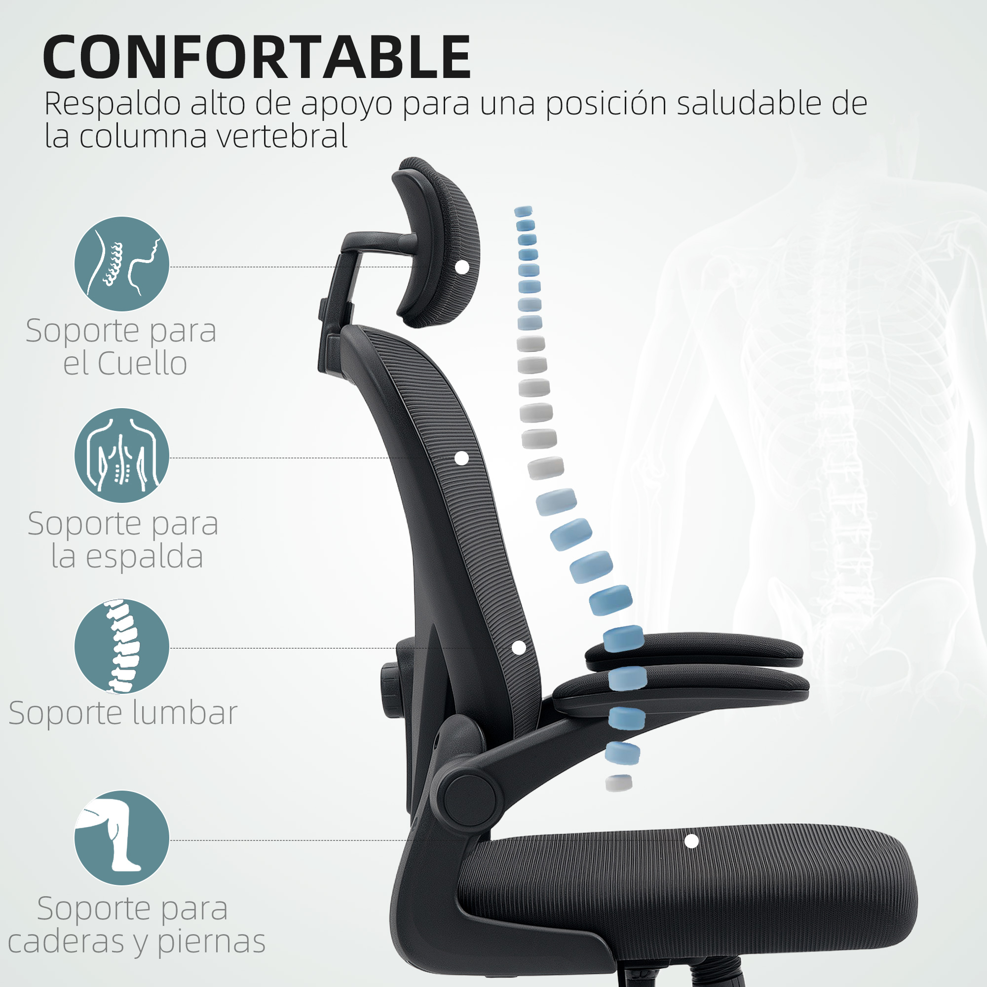 Una silla de oficina negra con soporte detallado para cuello, espalda y lumbares.