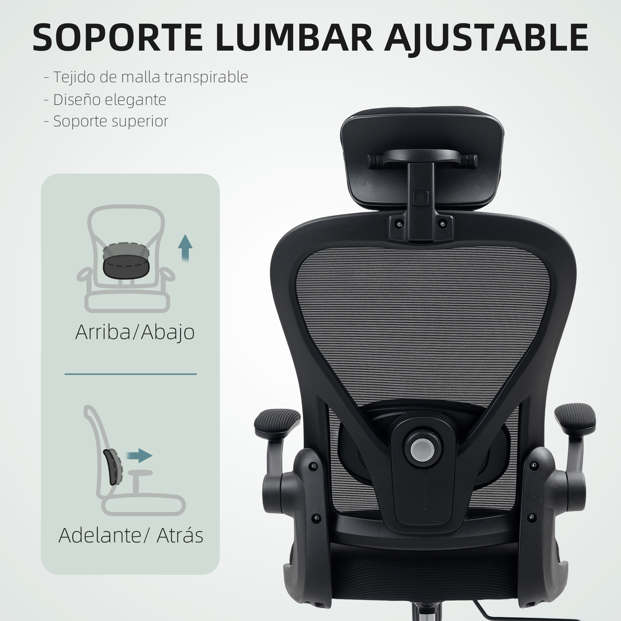 Silla de oficina negra con respaldo de malla y soporte lumbar ajustable.