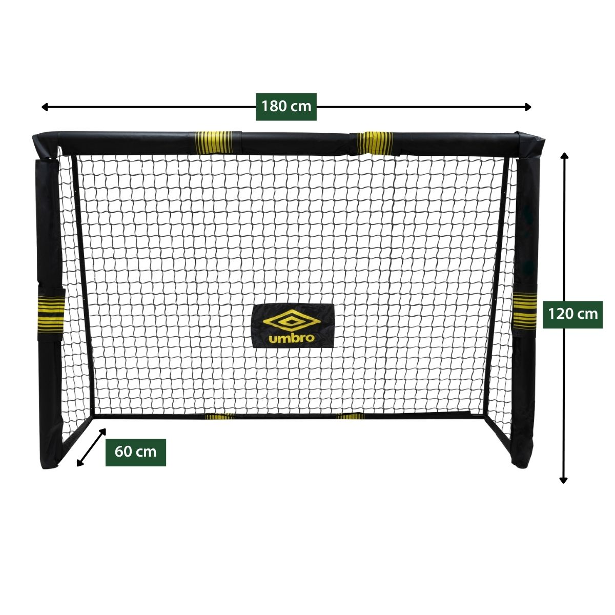 A black soccer goal with yellow stripes and an Umbro logo. 180x120x60cm.