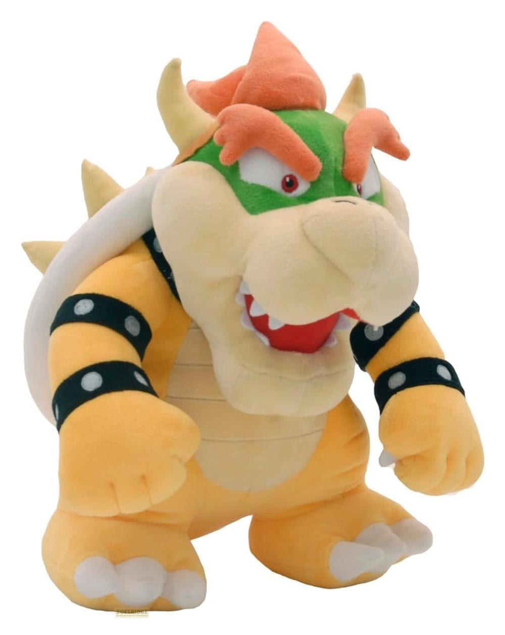 Ein Plüschtier von Bowser, einer Figur mit grünen Gesicht, orangen Stacheln und gelbem Panzer.