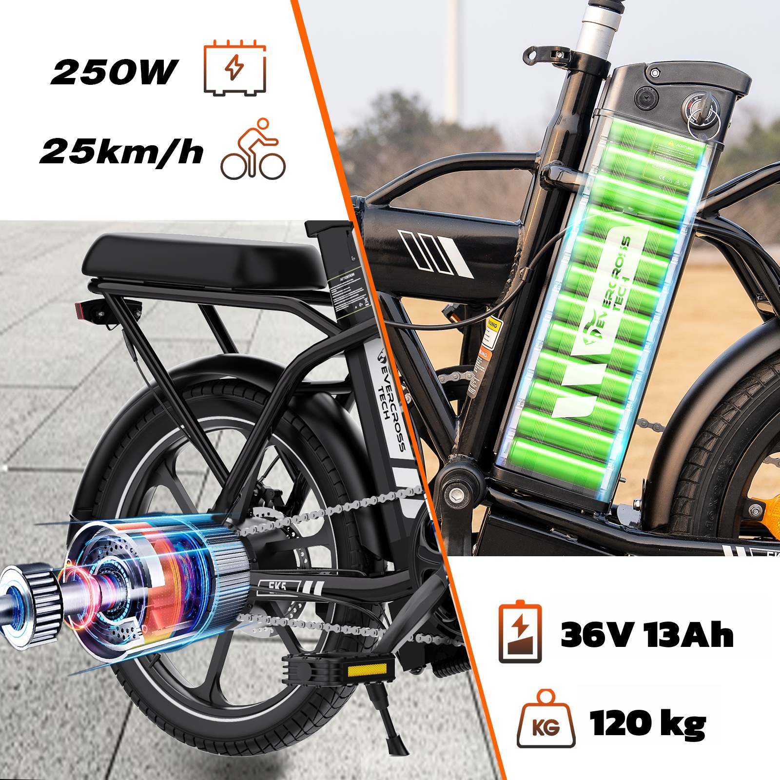 Een zwarte e-bike met 250W, 25km/h, 36V 13Ah batterij en 120kg.