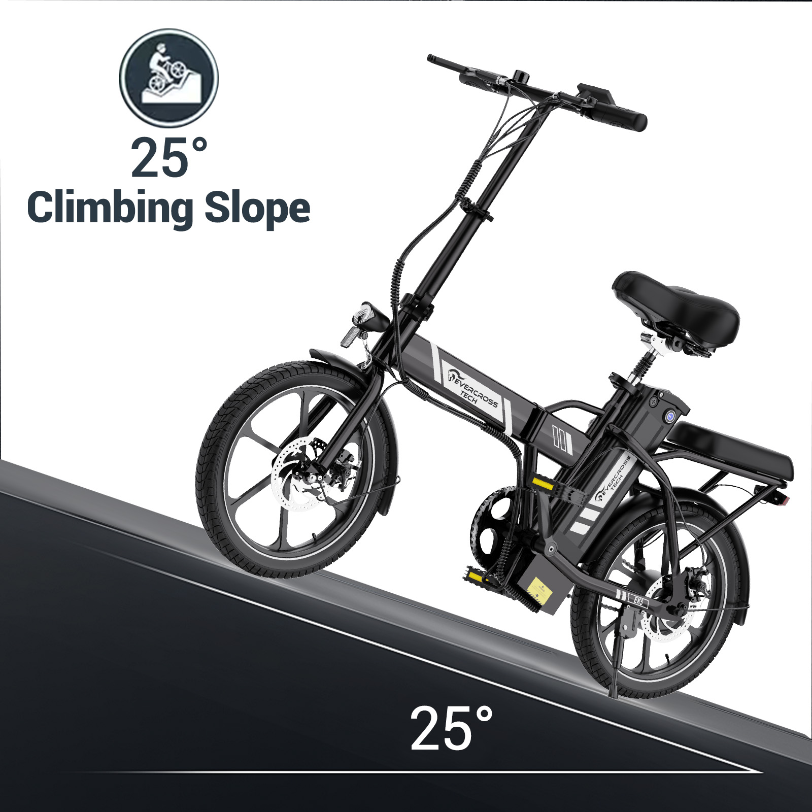 Zwarte elektrische fiets op een helling van 25 graden met tekst '25° Climbing Slope'.