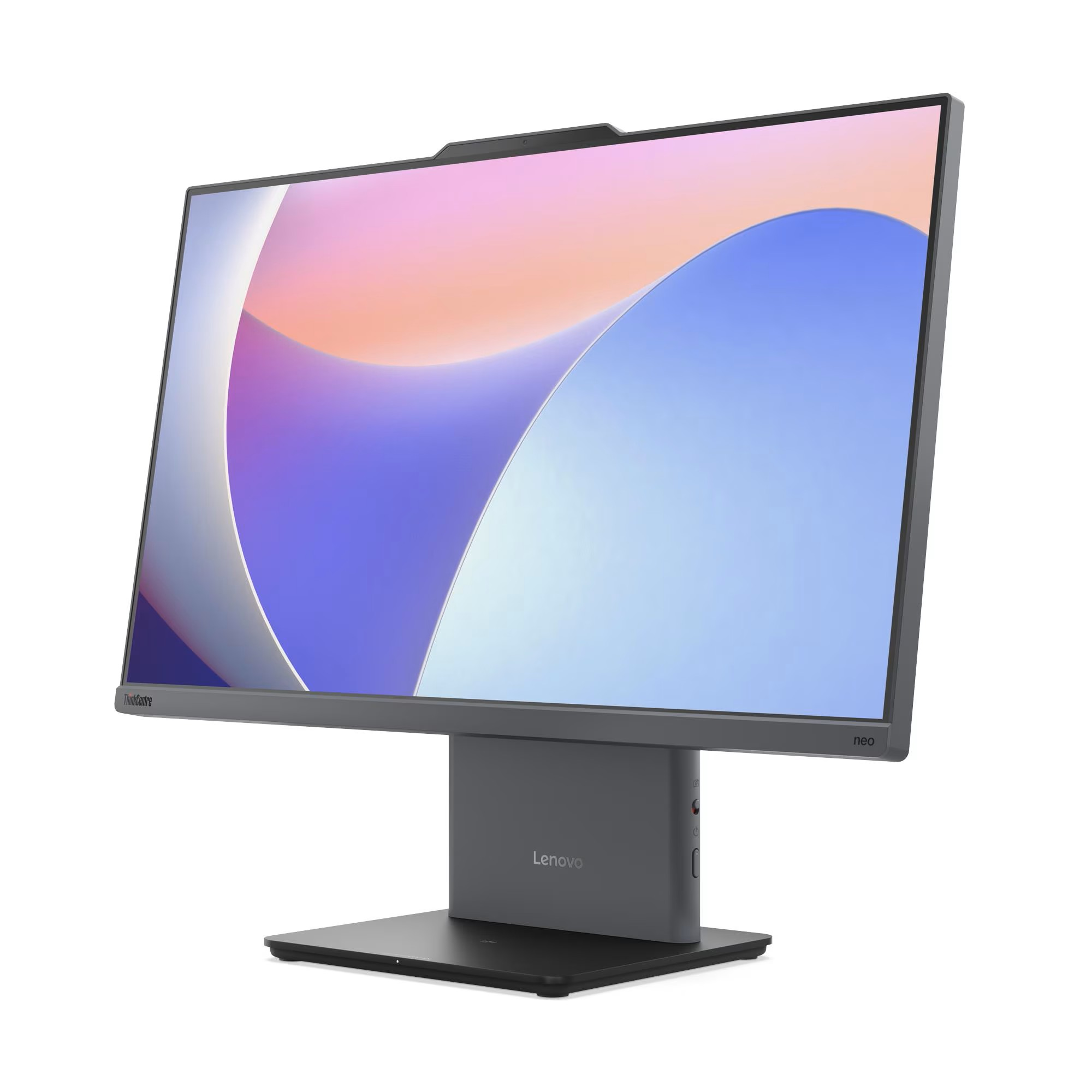 Lenovo ThinkCentre Neo monitör beyaz arka plan önünde bir stant üzerinde duruyor.