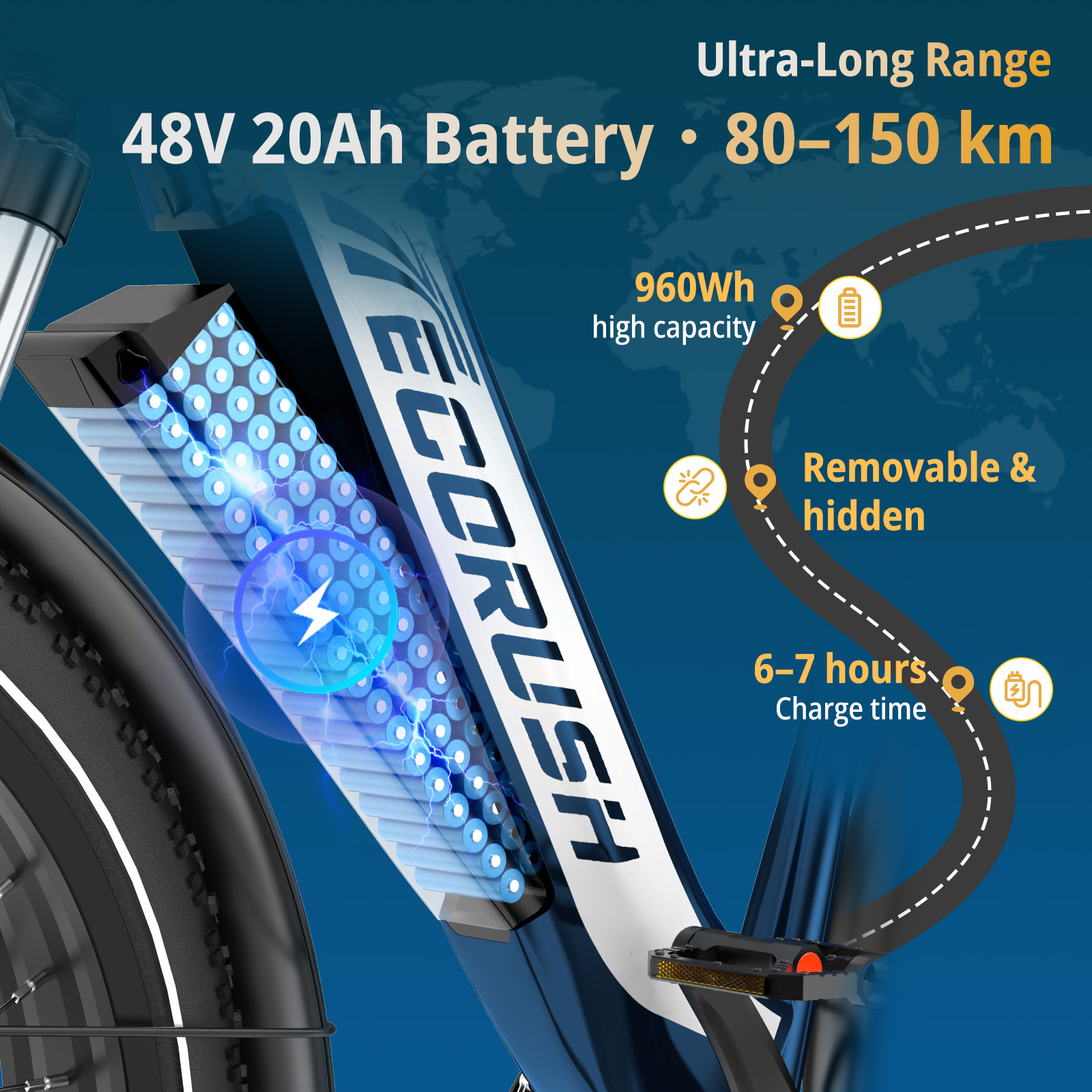 E-Bike Akku mit 48V 20Ah, 960Wh, 80-150 km Reichweite, abnehmbar.
