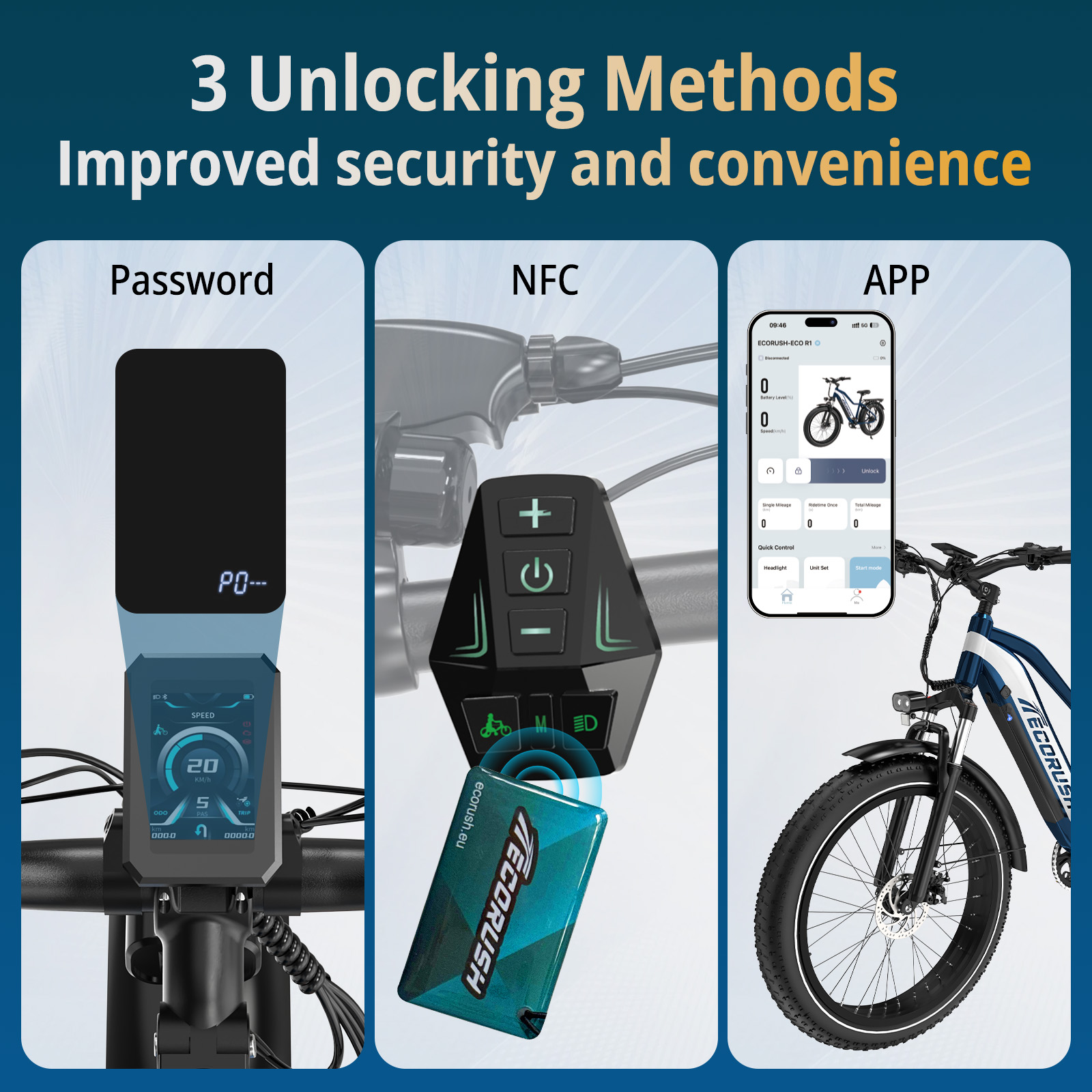 E-Bike-Display, NFC-Karte und App für drei Entriegelungsmethoden.