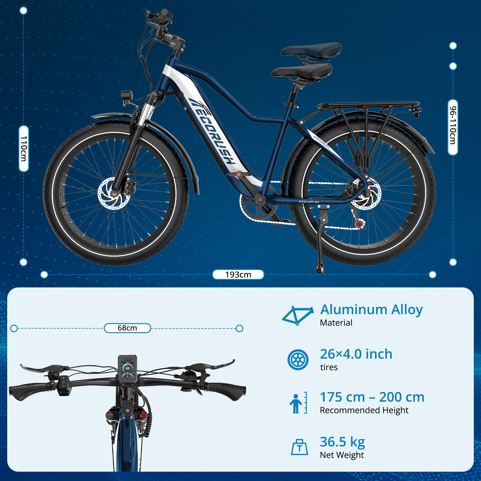 Ein dunkelblaues E-Bike mit weißem Streifen und schwarzem Gepäckträger. Maße werden angezeigt.