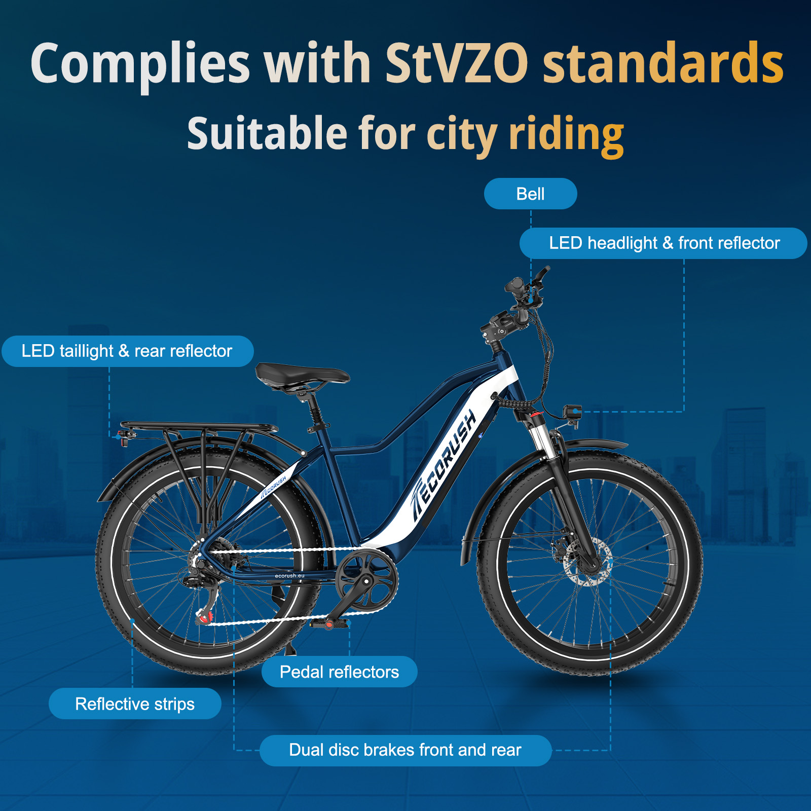 Dunkelblaues Fahrrad mit Gepäckträger und Reflektoren. StVZO-konform für Stadtfahrten.