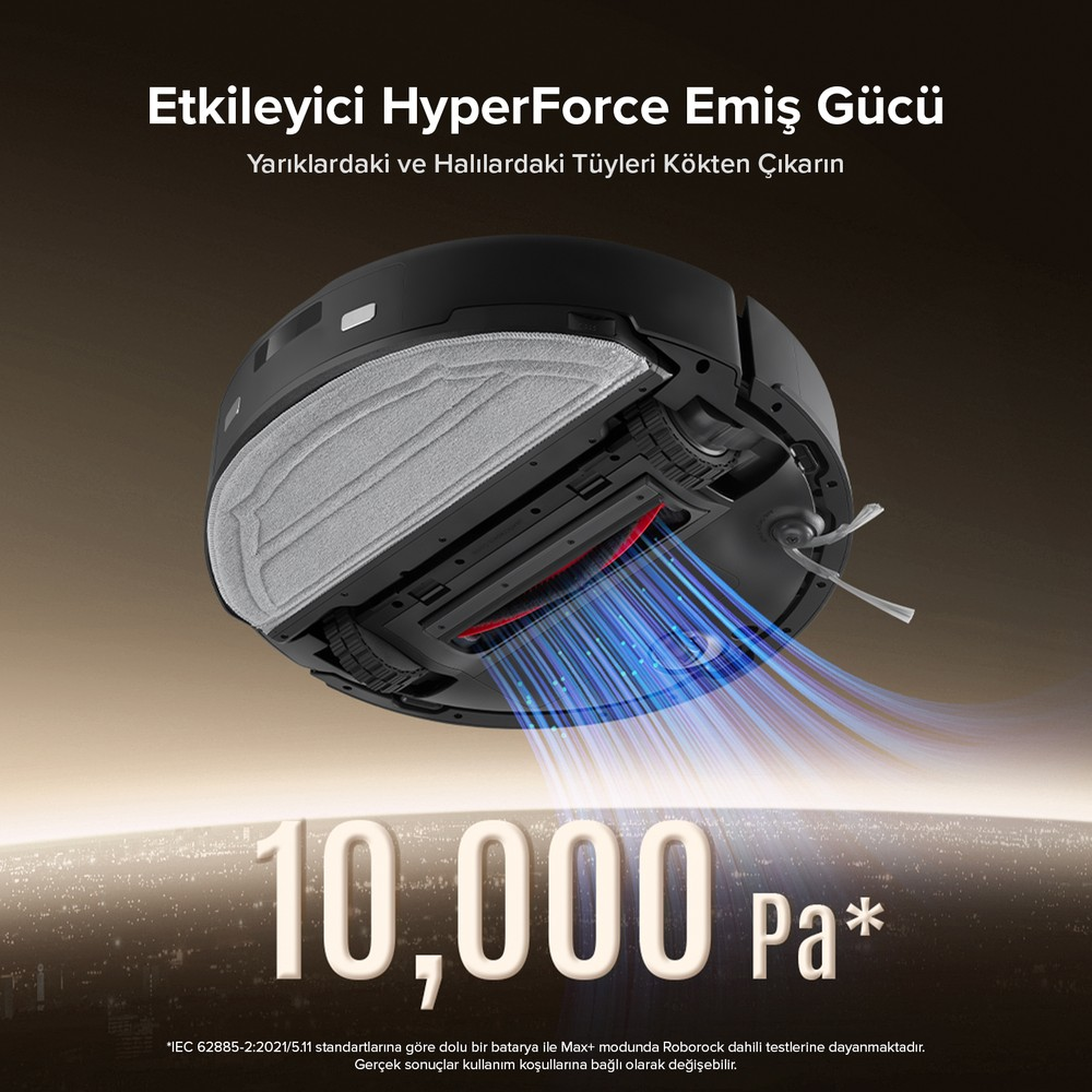10.000 Pa emiş gücüne sahip robot süpürge, zeminlerde ve halılarda etkilidir.