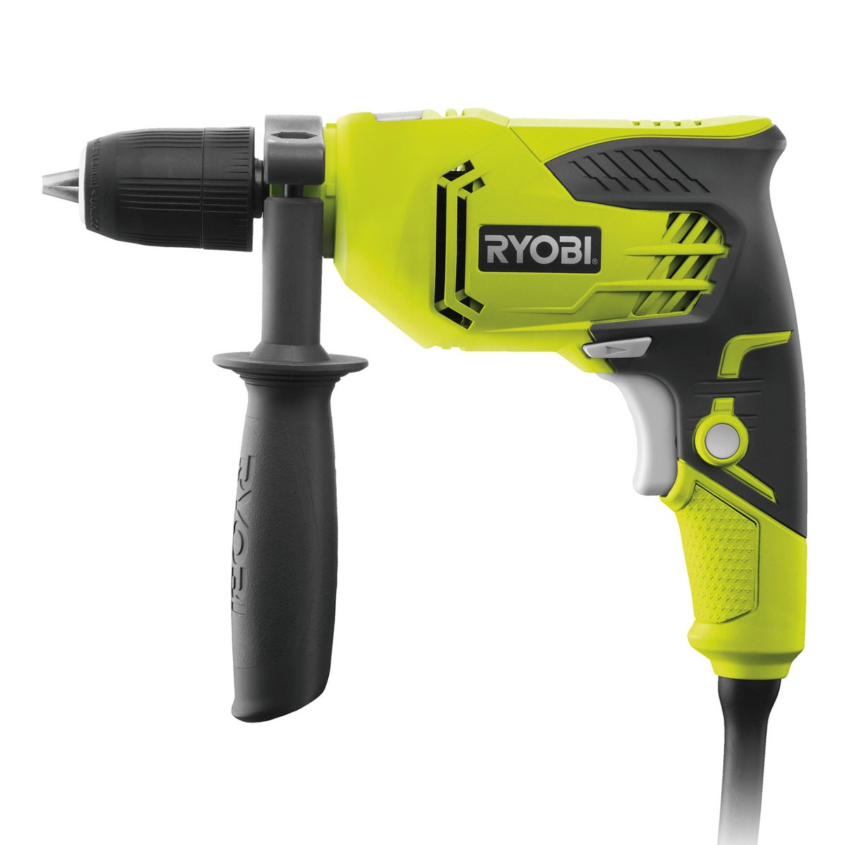 Se muestra un taladro Ryobi amarillo y negro con mango auxiliar negro.