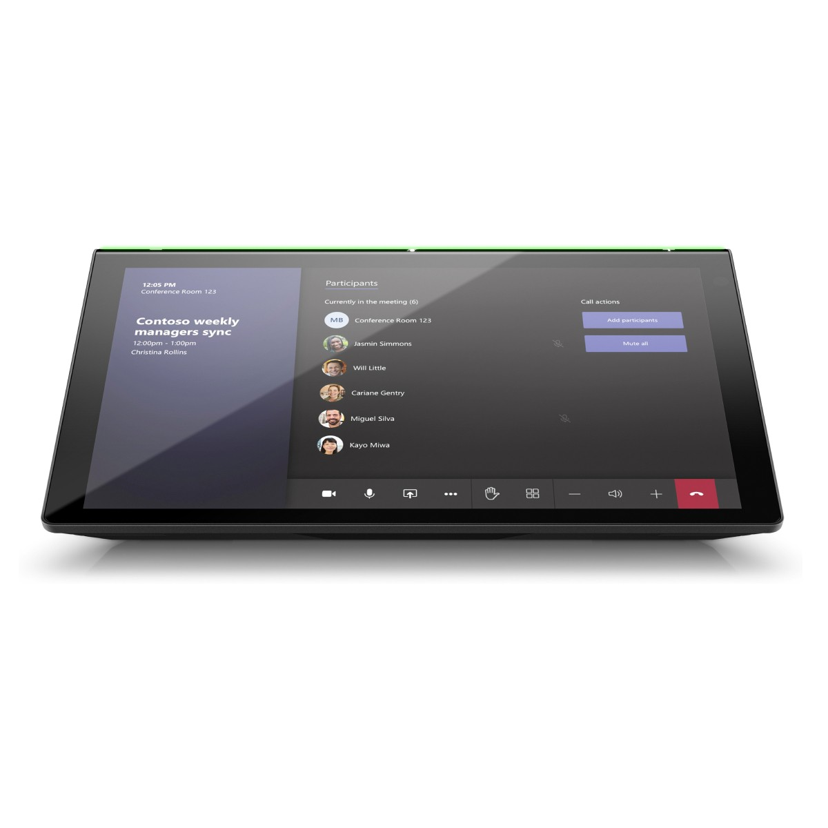Un tablet mostra una riunione con elenco partecipanti e controlli.