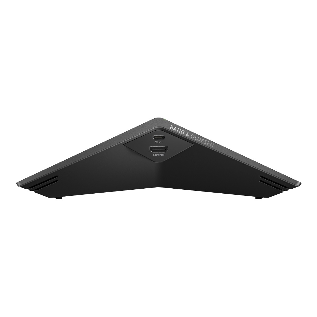 Dispositivo Bang & Olufsen nero con porta HDMI e USB su sfondo bianco.