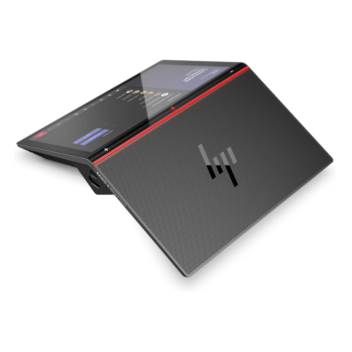 Un dispositivo HP grigio con accenti rossi, che mostra una videoconferenza sullo schermo.