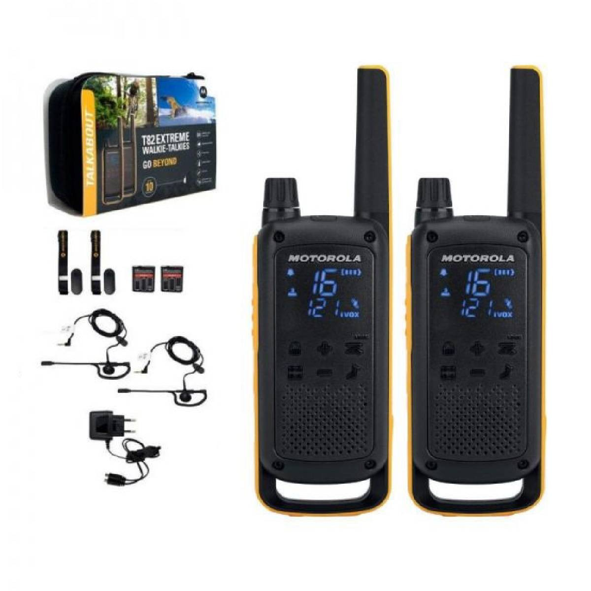 Due walkie-talkie Motorola T82 Extreme con accessori e borsa.