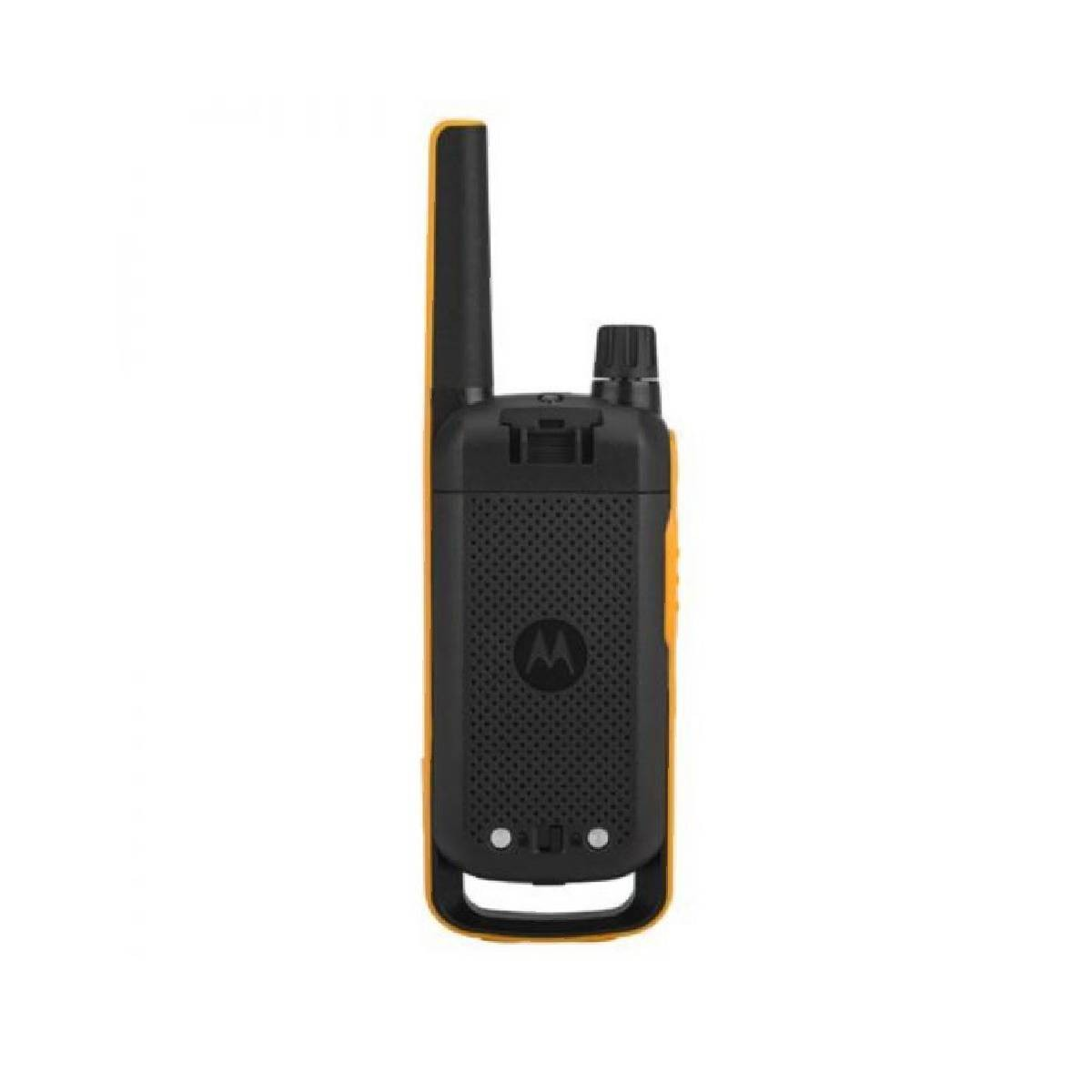 Un walkie-talkie Motorola nero e giallo con antenna e griglia dell'altoparlante.