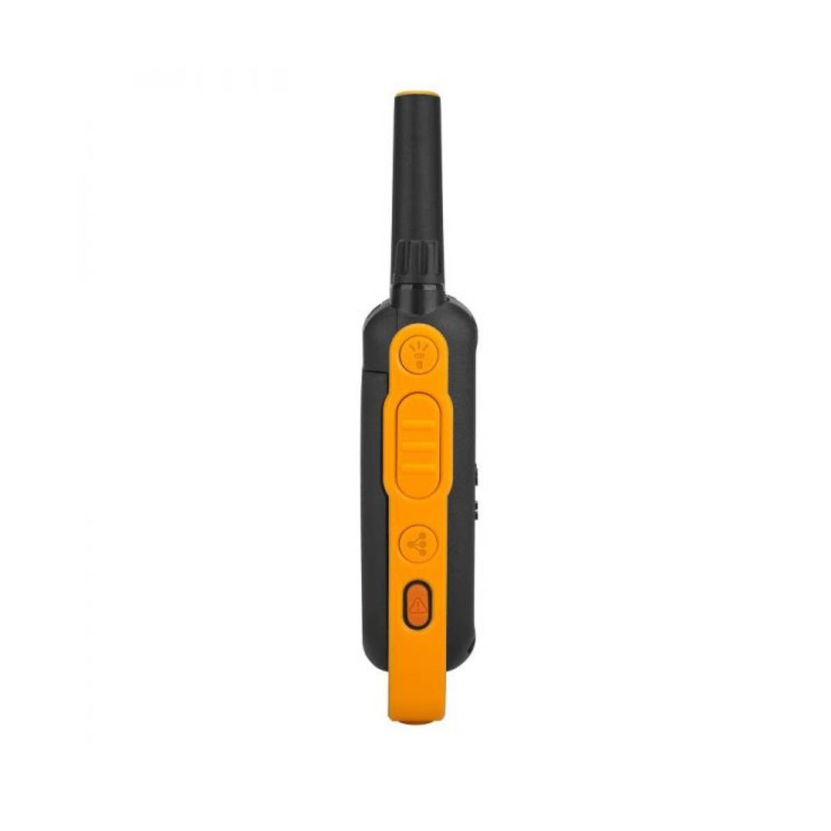 Walkie-talkie nero e arancione con pulsanti e antenna.