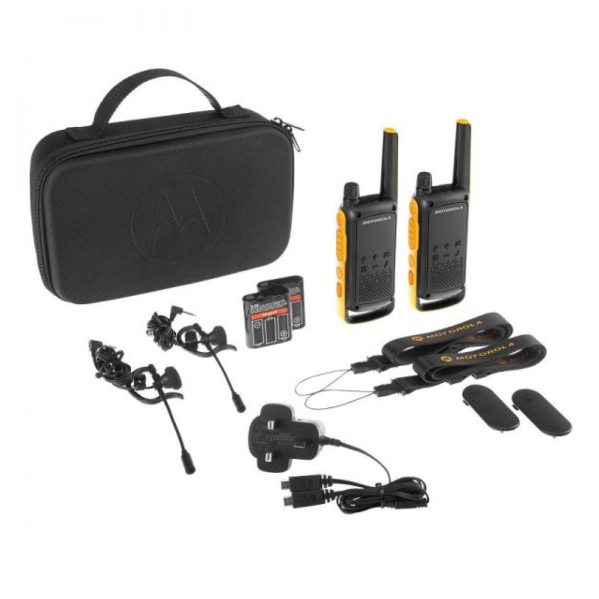 Due walkie-talkie Motorola con accessori, caricatore e custodia.