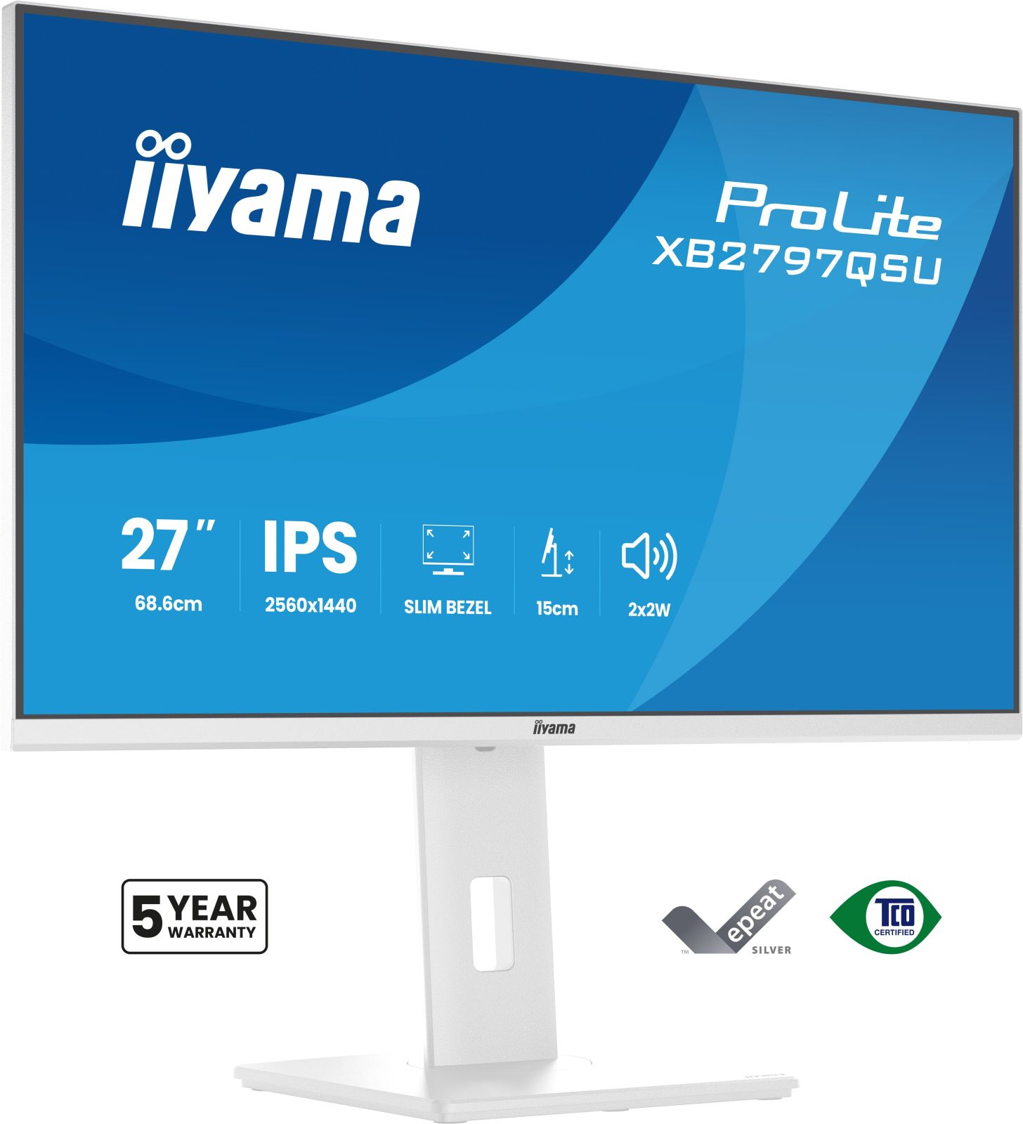 Monitor IPS da 27 pollici con cornice sottile, risoluzione 2560x1440, supporto 15cm.