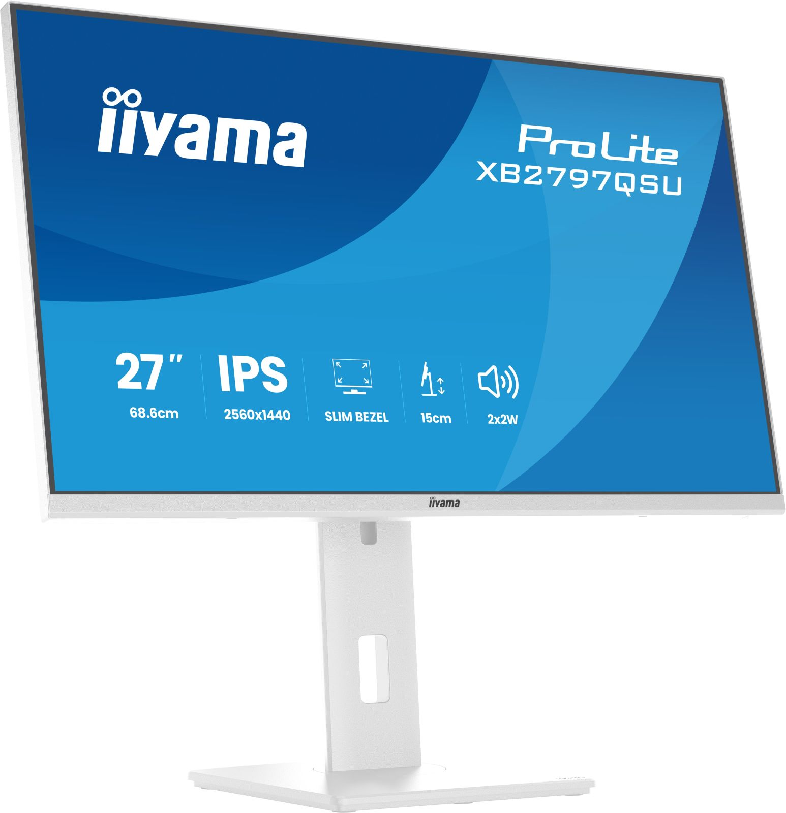 Un monitor bianco con cornice schermo e supporto neri.